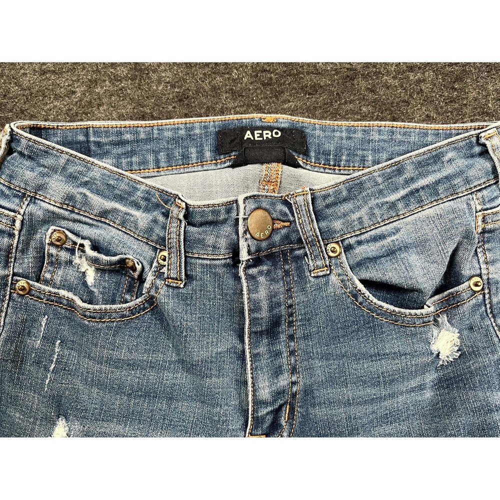 Aero Jeans Womens 2 Blue Denim Cotton Stretch Distressed High Rise Jegging - Picture 10 of 10